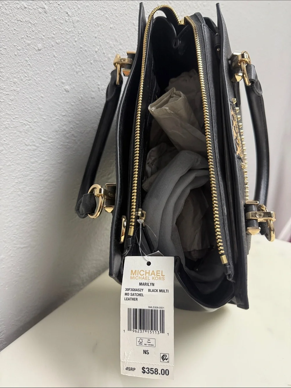 Michael Kors Black Marilyn Satchel with Leopard Stripe & Gold Hardware